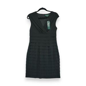 NWT Lauren Ralph Lauren Dress Black Women Size 8 Cap Sleeve Ruffle Knee Length‎
